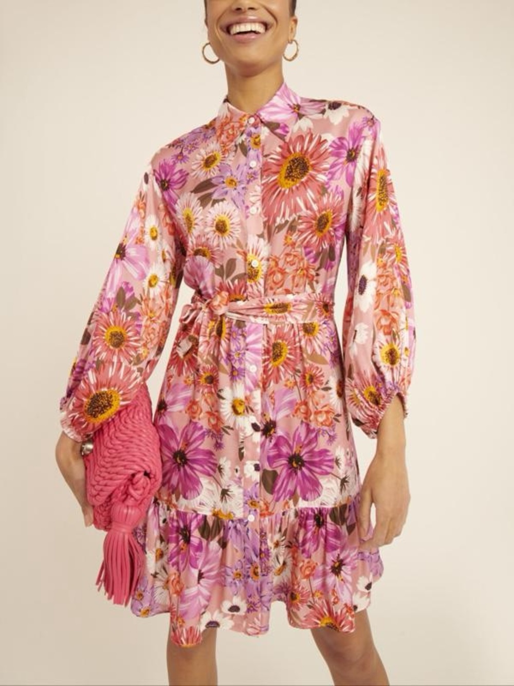 Rachel Parcell Pink Floral Button-Front Tiered Mini Dress with Tie Belt Size 4